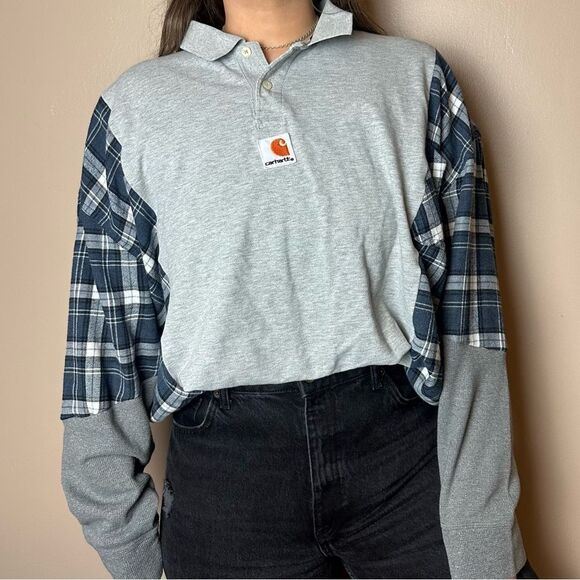 Reworked Upcycled Carhartt Long Sleeve Plaid Relaxed Fit Flannel Shirt Top - Picture 2 of 4